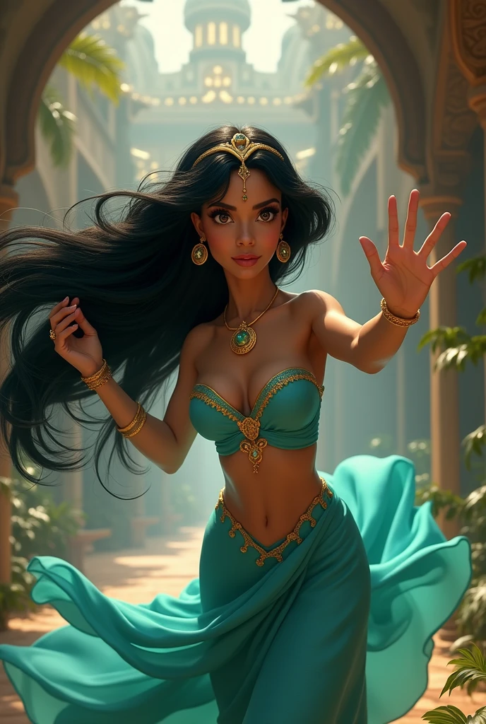 Stunning Princess Jasmine, photo in 8k, in action, cinematic.