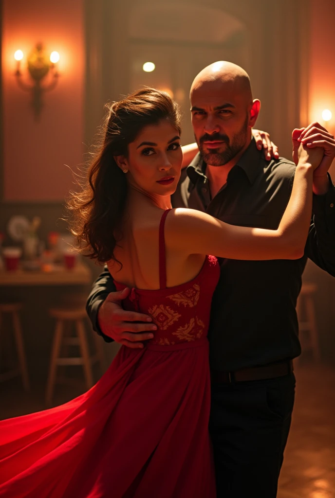 Imagine a totally bald fat Italian man with a shaved head, Dancing salsa well dressed with young elegant woman. They both look towards the camera and their faces are well defined.