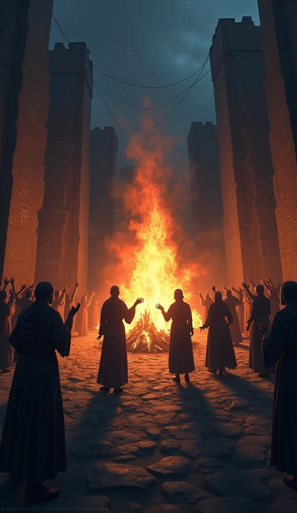 Depict a night scene in the heart of the Xalnoran village. The villagers are gathered around a large bonfire, performing a bizarre ritual. Their bodies move in jerky, unnatural motions as they chant in unison. Surround the scene with ancient, carved symbols glowing faintly in the darkness, hinting at something otherworldly."