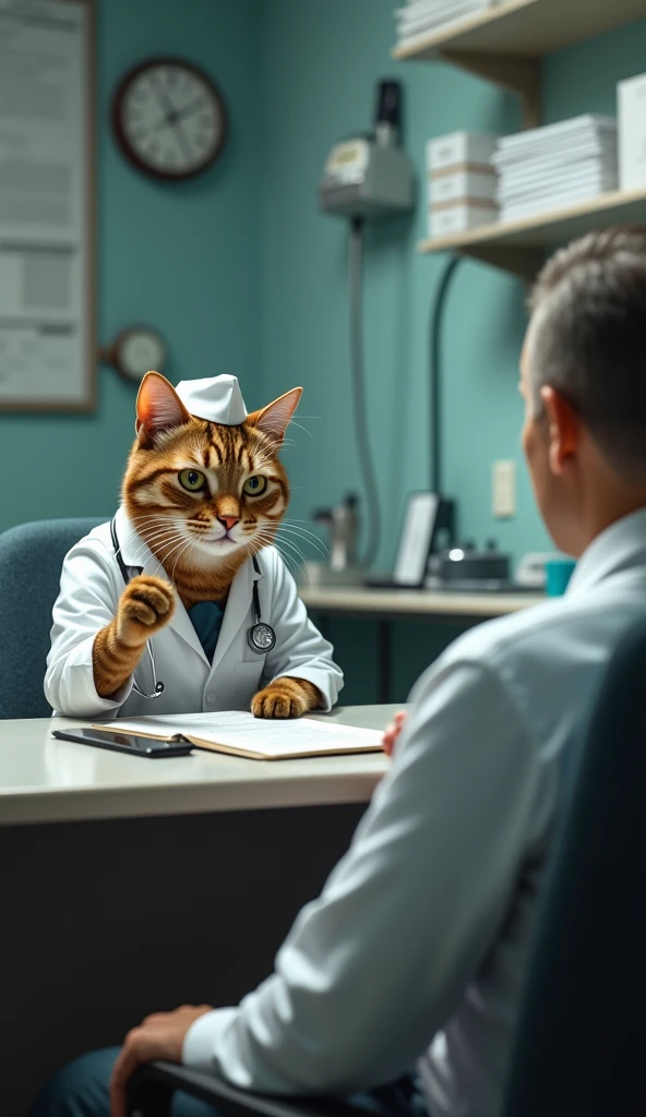 A cat dressed as a doctor is giving a serious lecture to the owner about a danger. The cat wears a small doctor’s cap and has one paw raised as if explaining something, looking intently at the owner. The owner sits in a chair, listening seriously to the cat, while the room is filled with medical equipment and documents. The cat’s expression is stern, with sharp, focused eyes, and ears pointed forward. The background shows the walls and shelves of an examination room, creating a professional atmosphere.