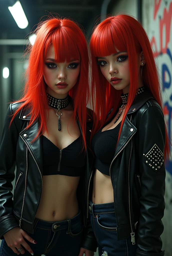 Couple of tattooed girls, one with strong red hair and another with curly hair with brown hair.