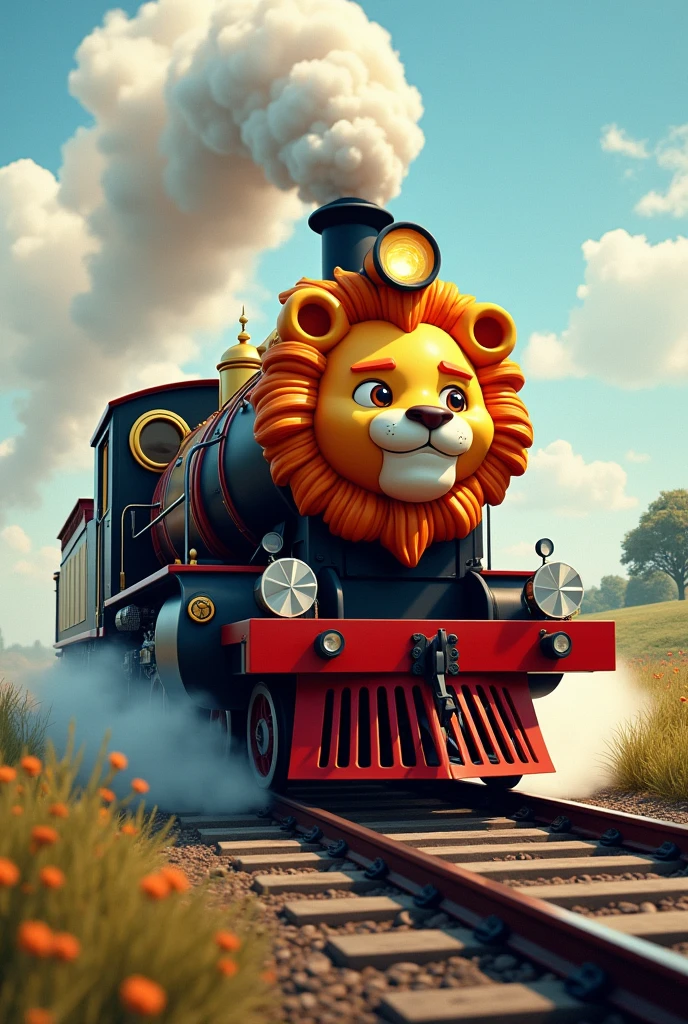 A steam train with a big, cheerful lion&#39;s face running down the railway. ,The picture on the right side is real as in real life.
