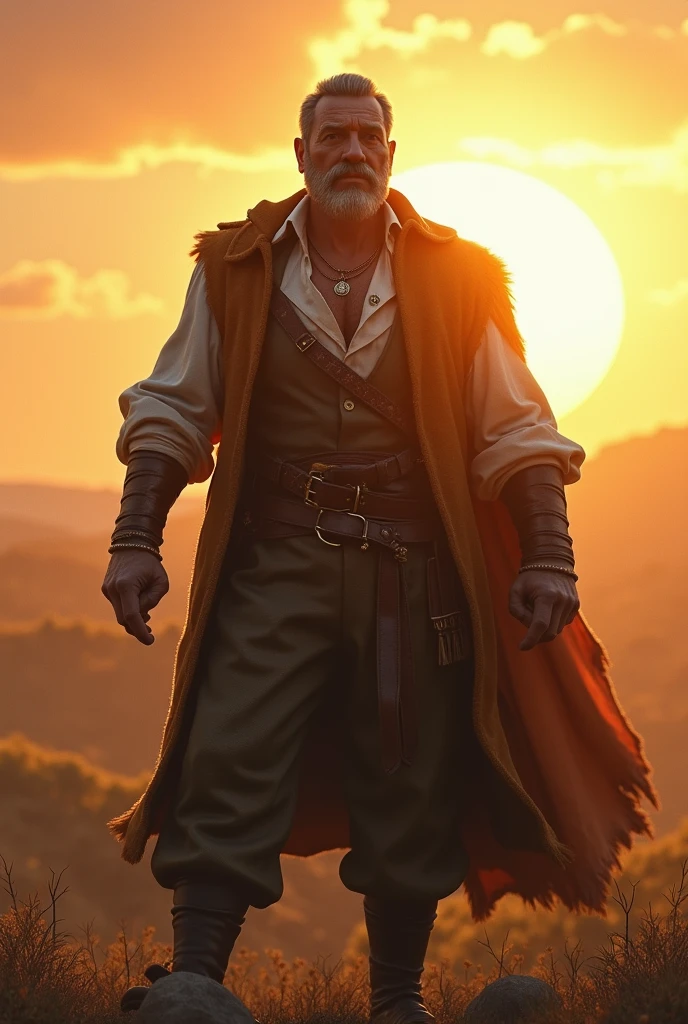 Don Quixote of La Mancha as a real gentleman, with very big muscles, mewing and the sun behind illuminating