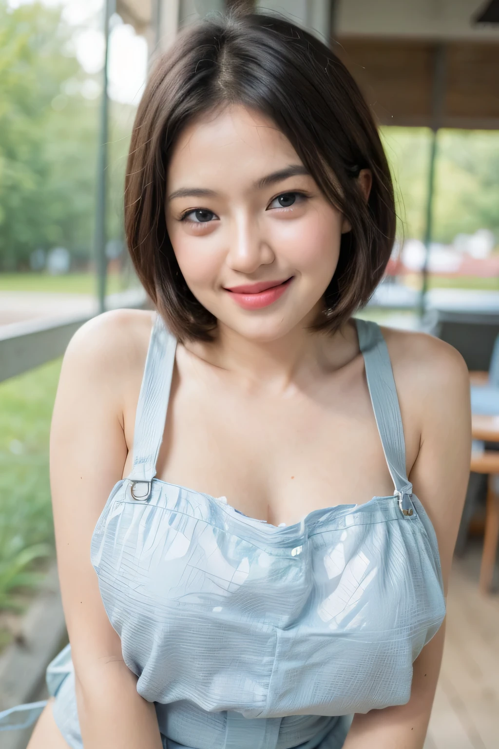 adorable, 1 girl, (face to face), , baby face, happy, medium portrait, (face details: 1), (eye details:1), ((naked big breasts)). wearing transparent transparency mini apron, .. Cute posed. proportional body. Ultra High Res. realistic: 1.4, UHD, ((shorthaircut)), lace ((Gigantic:1.336))