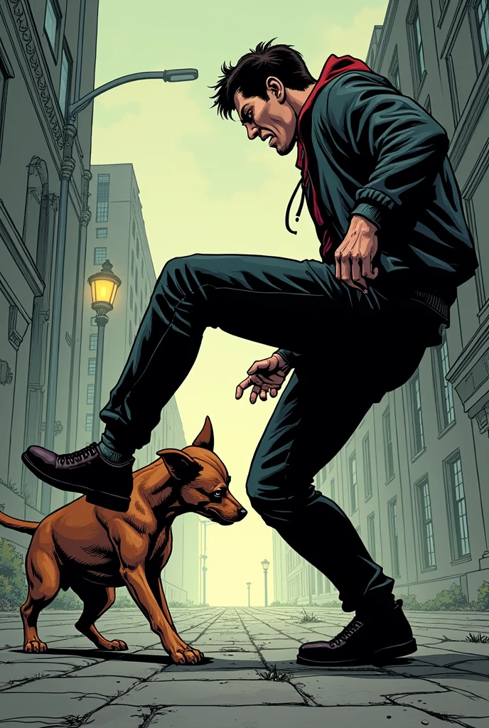 as if it were in a comic strip a person was going to kick a dog and the dog was very sad