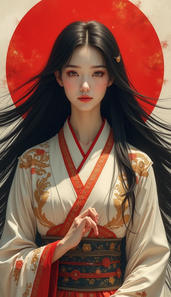 The very beautiful goddess Amaterasu, whole body, With the Japanese flag in the background