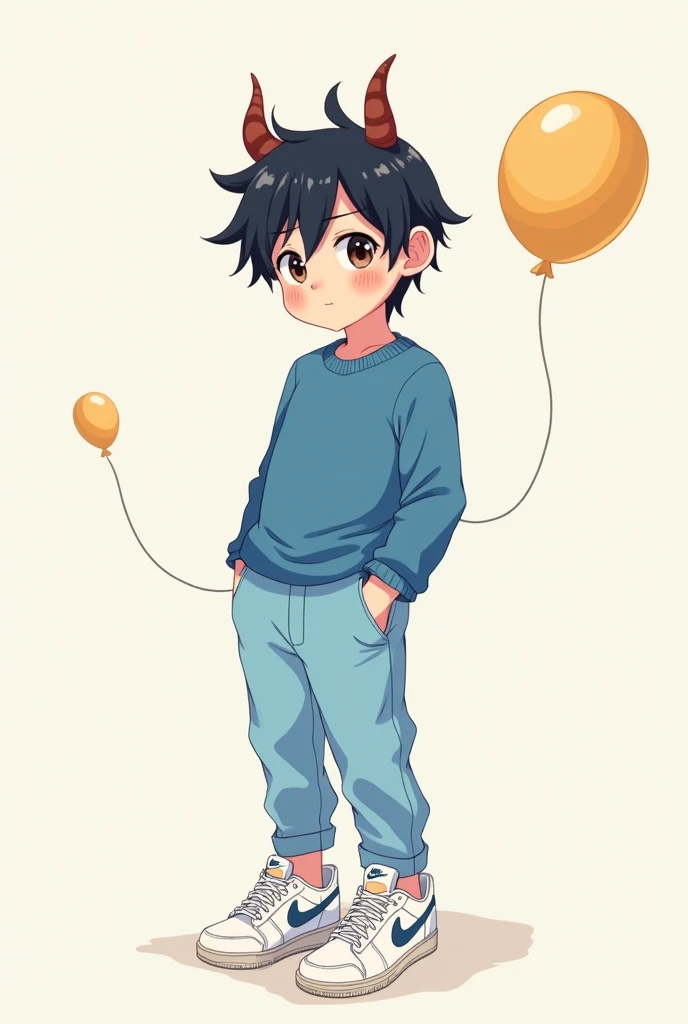 ANIME BOY WITH HORNS, HAT AND A BALLOON, BLUE SHIRT, LIGHT BLUE PANTS AND WHITE NIKE SNEAKERS, BLUSHED AND WITH BLACK HAIR