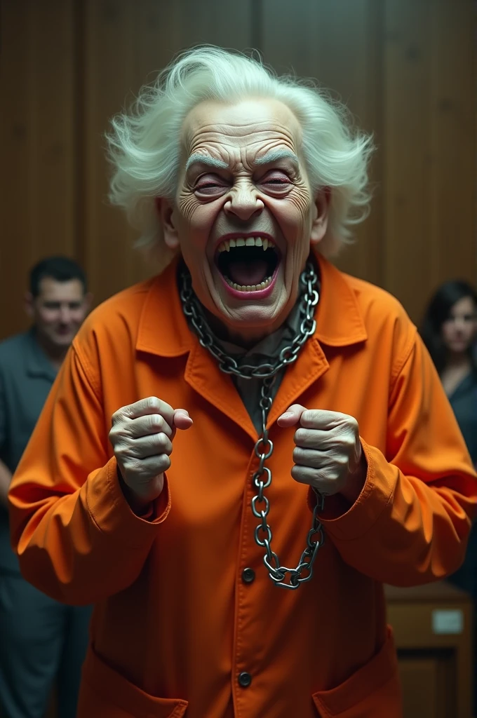 Granny with Hannibal mask in orange prison clothes laughing hysterically in courtroom, grandma with dog chains around face laughing sadistically in courtroom in orange prison clothes