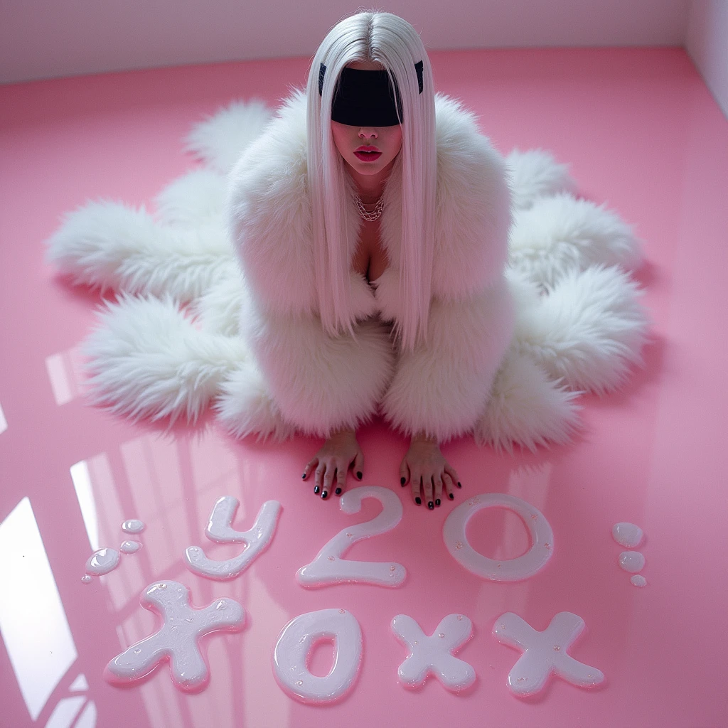 A woman with long white hair slicked back,I want her wearing a dress made of white fur,I want her with both hands tied with pink chains,I want her flying,I want the floor with a pink chrome liquid rising and it will be written in the water Y2K XOXO,I want her with a black blindfold