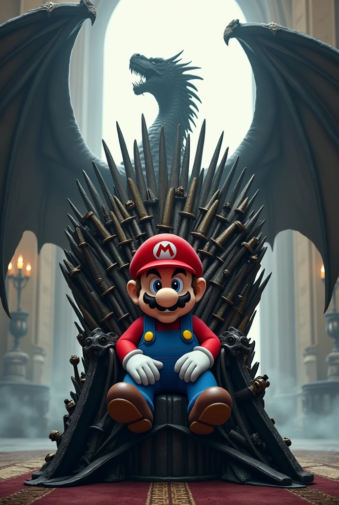 Super mario sitting on the iron throne, in the background a dragon 