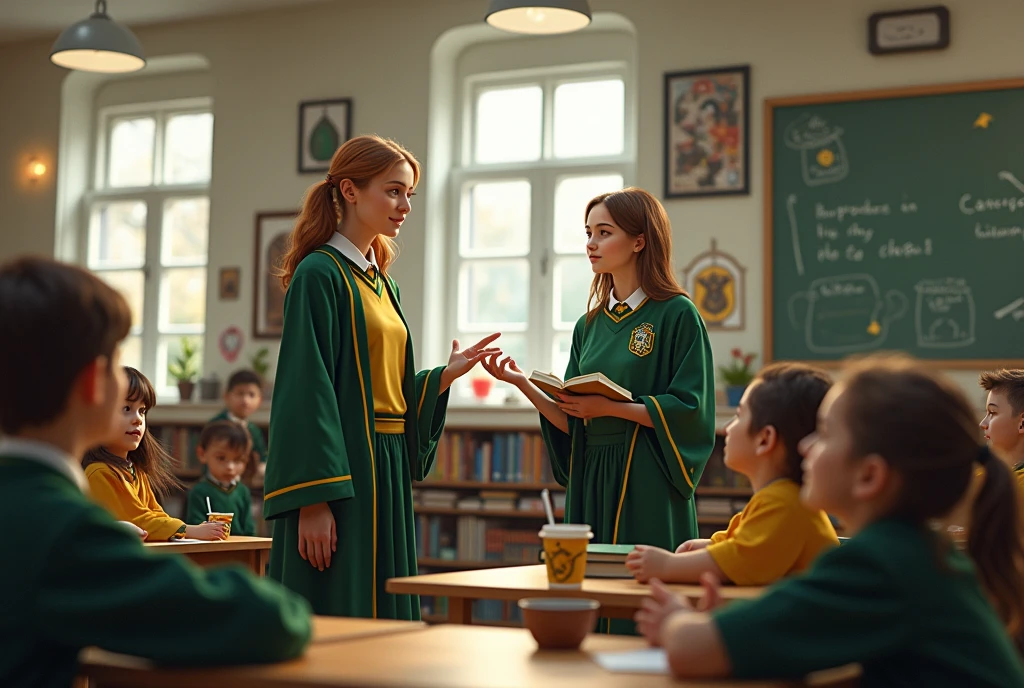 Horizontal image of a classroom with a female Hufflepuff teacher and a female Slytherin teacher and students. in a fun Harry Potter class