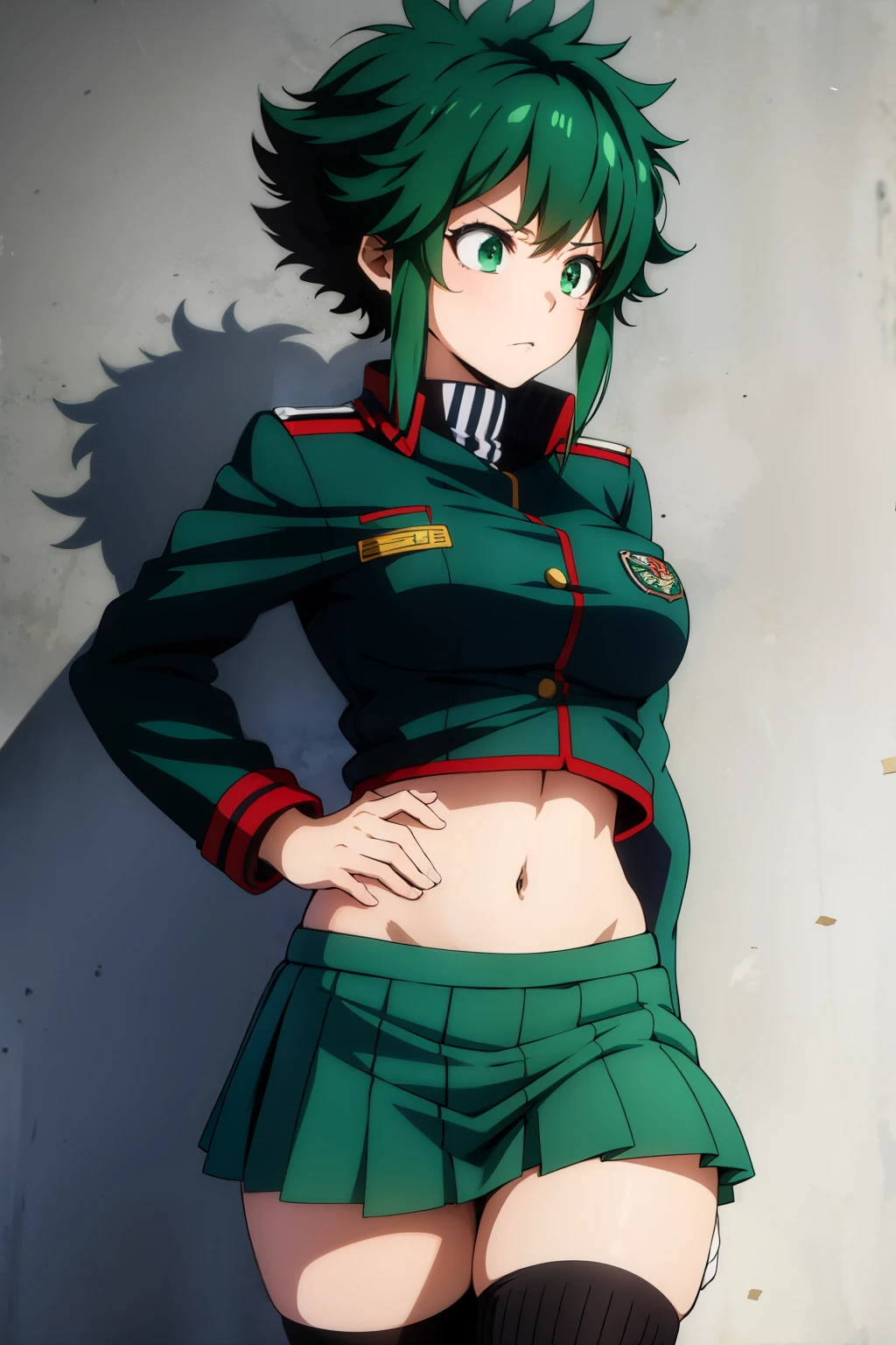 Anime style. Female version , izuku midorya , green hair , green eyes , medium breasts,  u.a uniform  , jacket aberta  , mini-skirt,  ribbed thighhighs 