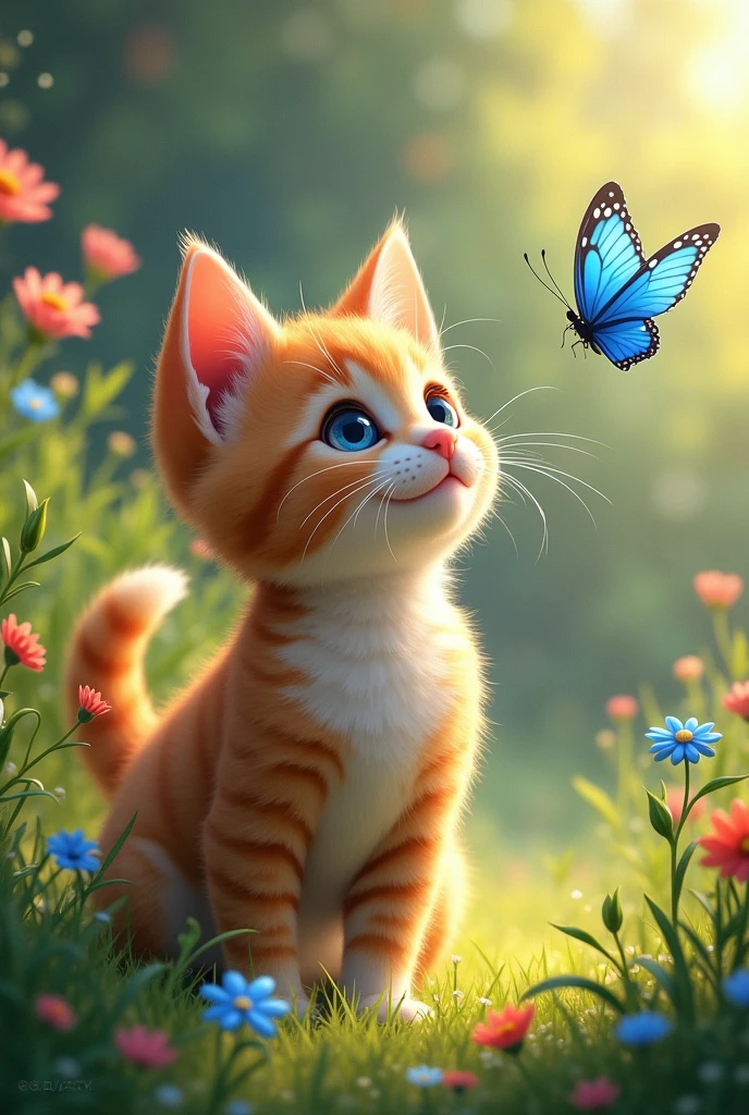 kitten nino found a blue butterfly in the garden it seemed to shine in the sunlight