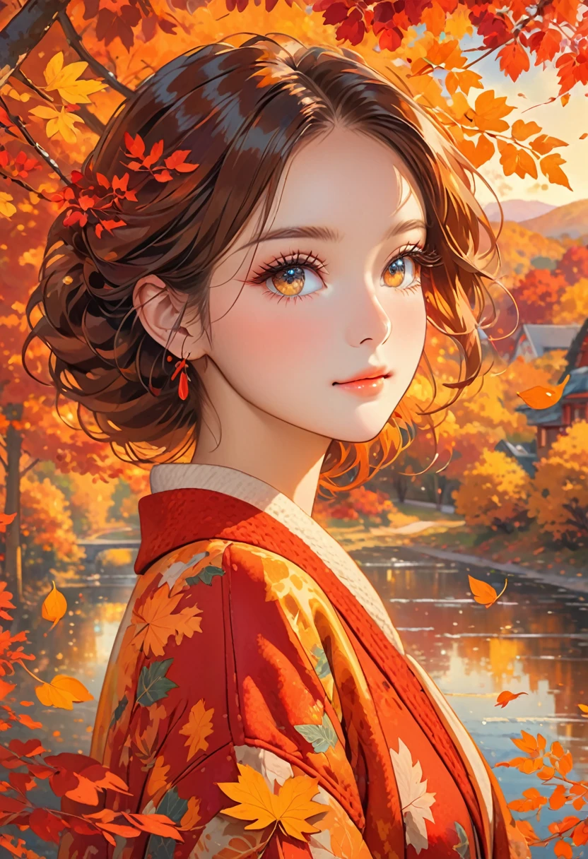 bright colors, falling leaves, golden sunlight, cozy atmosphere, vibrant reds and oranges, soft and warm tones, peaceful setting, gentle breeze, nostalgic mood, autumn foliage, serene expression, delicate eyelashes, captivating gaze,red