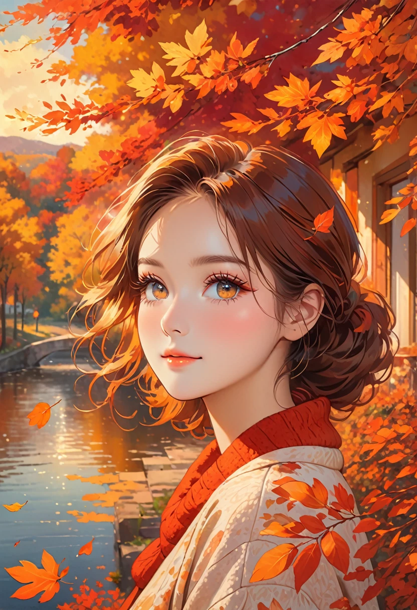 bright colors, falling leaves, golden sunlight, cozy atmosphere, vibrant reds and oranges, soft and warm tones, peaceful setting, gentle breeze, nostalgic mood, autumn foliage, serene expression, delicate eyelashes, captivating gaze,red