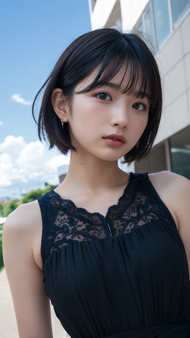 (High resolution:1.3), (16K, Photorealistic, RAW Photos, Best image quality: 1.4), Japanese, (1peopleの少女), Beautiful Face, (A vivid face), (Black-haired、short hair:1.3), Beautiful hairstyle, Realistic eyes, Beautifully detailed eyes, (Realistic Skin), Beautiful skins, Charm, 超High resolution, Surreal, Attention to detail, Golden Ratio, Plein Air, the wind is strong, From below,1people、 Half Body Shot,Highly detailed cute girl,(20-year-old)、 dress、
