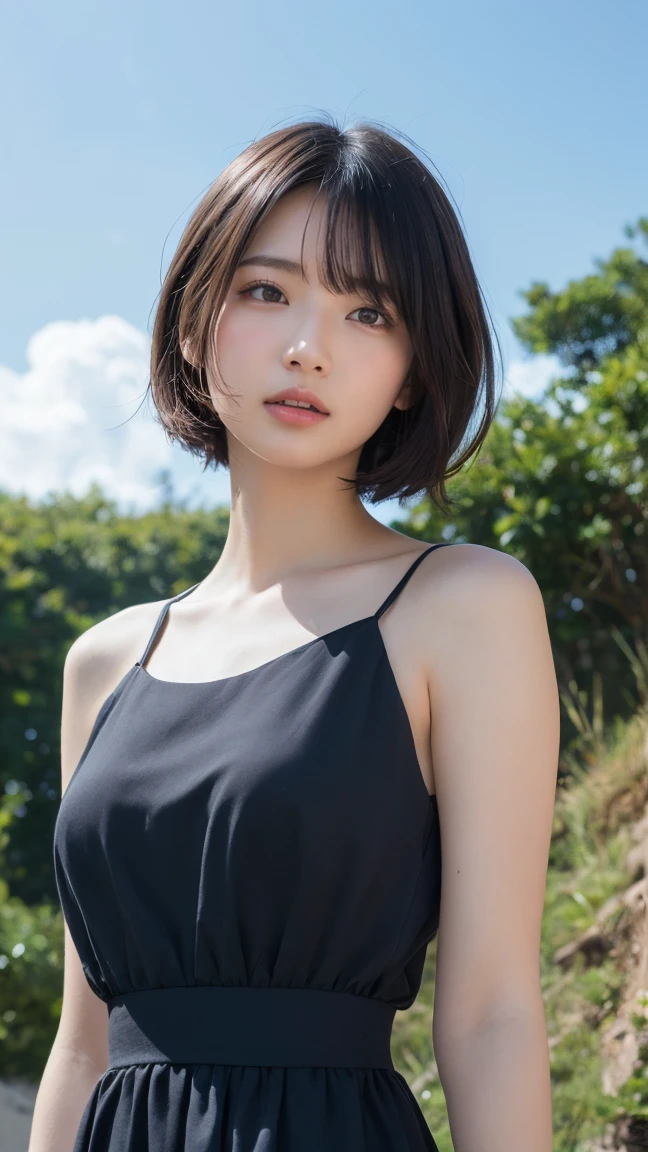 (High resolution:1.3), (16K, Photorealistic, RAW Photos, Best image quality: 1.4), Japanese, (1peopleの少女), Beautiful Face, (A vivid face), (Black-haired、short hair:1.3), Beautiful hairstyle, Realistic eyes, Beautifully detailed eyes, (Realistic Skin), Beautiful skins, Charm, 超High resolution, Surreal, Attention to detail, Golden Ratio, Plein Air, the wind is strong, From below,１people、 Half Body Shot,Highly detailed cute girl,(20-year-old)、 dress、