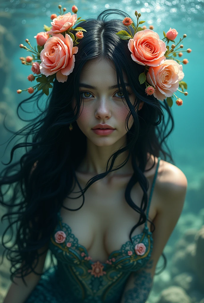 mermaid, black hair adorned with flowers, looking at the camera