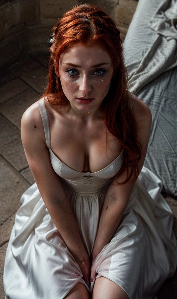 Woman on knee, (((from above))), crying, wedding dress, redhead, (((looking at viewer))), ruined makeup, fit, atlethic body, Sophie Turner, expressive eyes, looking at the viewer, ruined makeup, corset, inside castle, elegant white dress, cleavage exposed, side view, 