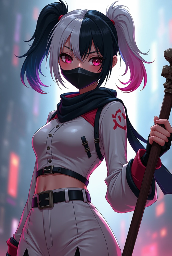 Create an anime style character similar to Harley Quinn with pigtails with one side of her hair black and the other side white with bangs and a black iron mask on her mouth and nose a black scarf and white clothes and holding a stick 