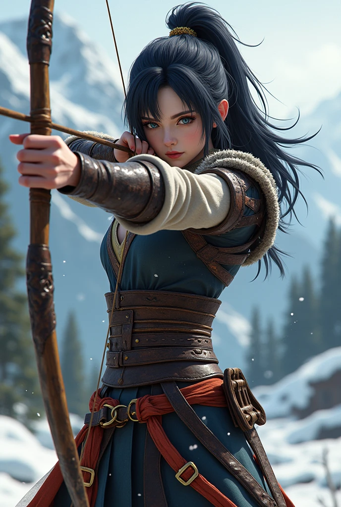 chichi do anime dragon ball z misturado com the elders scrolls skyrim em pose de arqueiro 