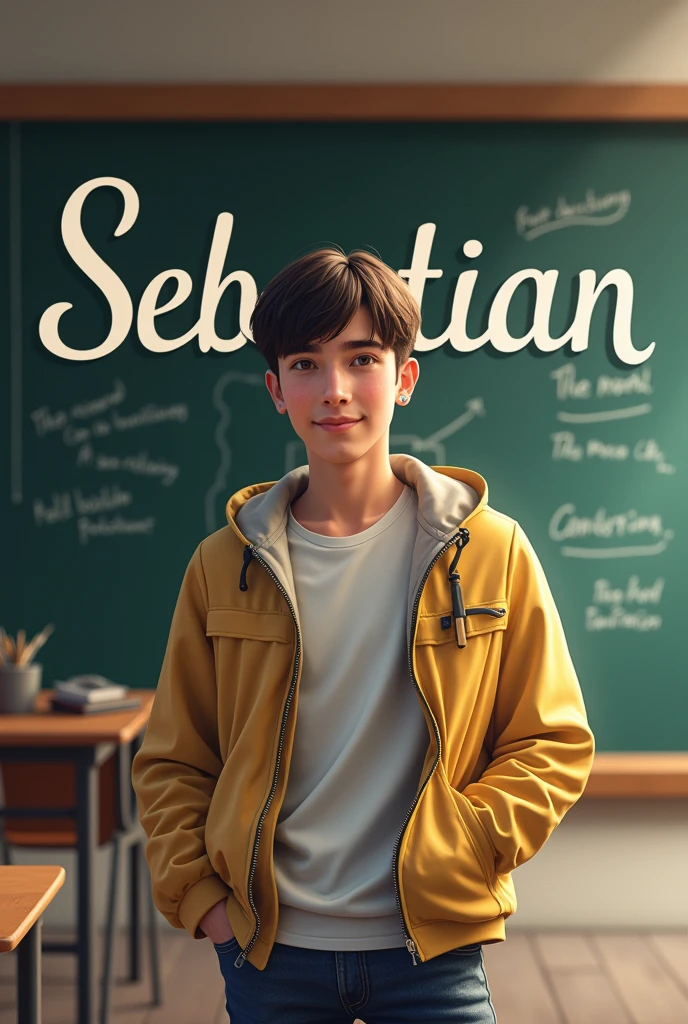 Create the phrase Sebastian in cursive letters with a school background with a male student with not so dark skin and straight hair posing
