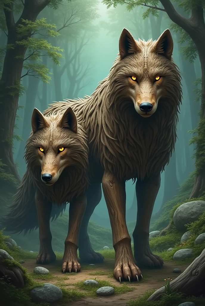like the Everfree Forest. The wolves are crafted from intertwined logs and branches, showcasing a rustic and natural style. They have bright eyes that convey seriousness and determination, giving the impression of being guardians of the forest. The background should feature tall, lush trees with shadows that add an air of mystery. The scene should capture the magical and slightly unsett