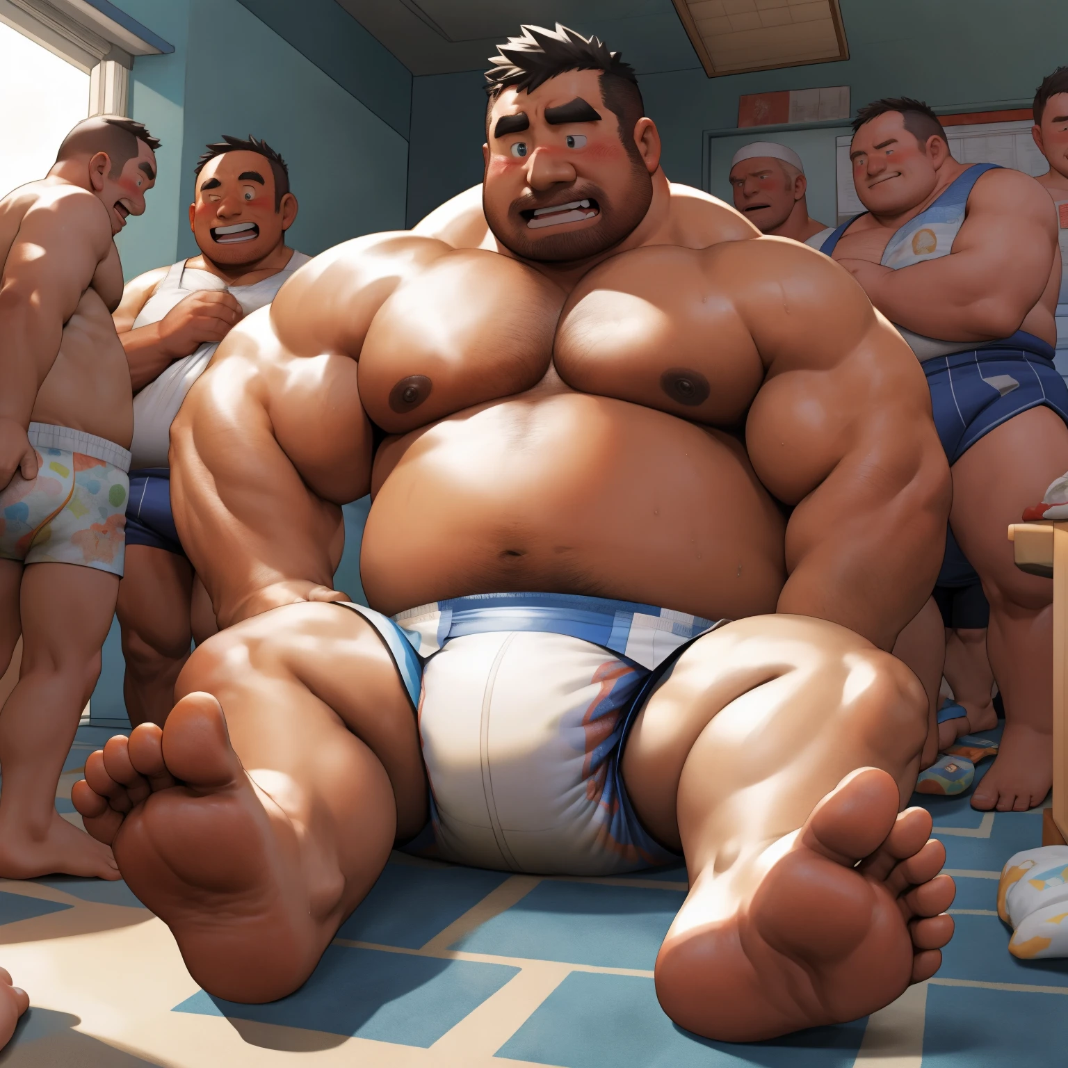 masterpiece, Top quality, in 32K, perfect anatomy, hyper detailed, super fine illustration, The thick man is a brutal retarded prisoner, hairy human, 50yo in Japan, (fatness: 1.0), Fatty muscle, Bowleg, disappointment, incontinent, shy, sissy, Weaker than children, Drool, Round face, be diaper check by children, waddle, There is a small puddle under him, incontinent, Bowleg, spread legs, wear a White cloth Diaper, Bare belly, Bare legs, Bare foots, Bare soles, Shirtless, wide forehead and short thinning hair, Man with round face with stubble, Bare foots, Bare soles, He enters nursery school and is despised by children, He surrounded by children, His bottom is wet, Bare foots, big butt, he is scolded by the children, White Diaper, He surrounded by children, sobbing, wear a White cloth Diaper, shirtless, There is a small puddle under him, big butt, sobbing, He waddle to go to children