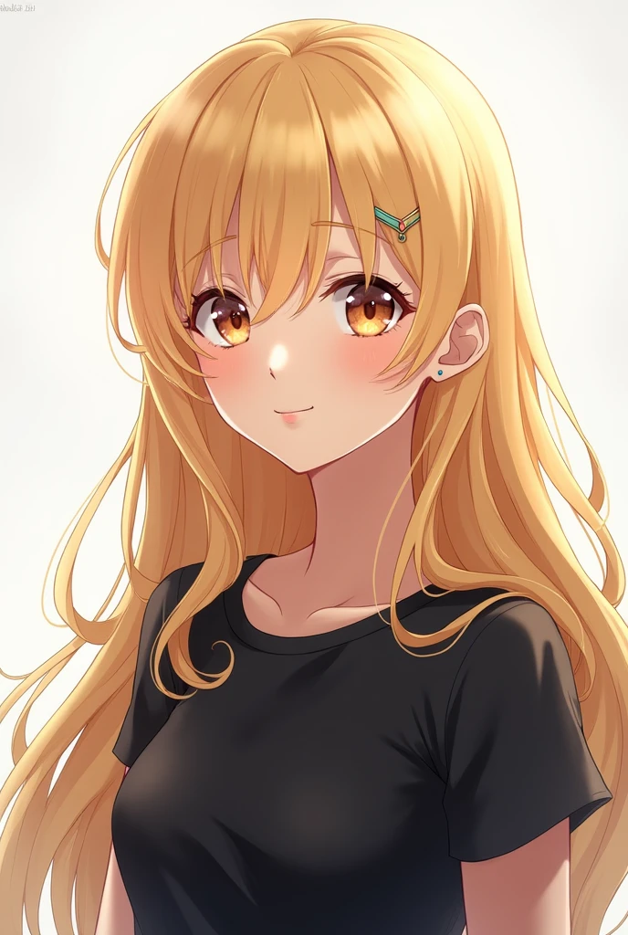 Anime girl with long yellow hair and green eyes wearing a black and red sweatshirt