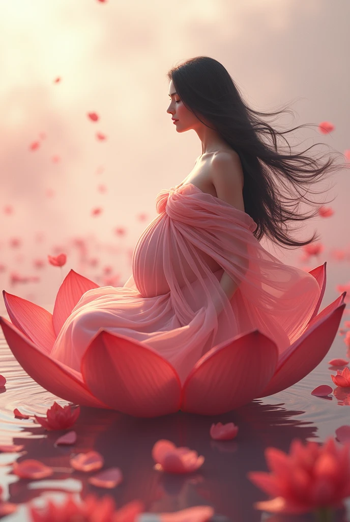 full length, black hair pregnant , Beautiful face, dress made of red rose petals, Light pink and light white tones, Esbian Full Body, beautiful backgrouond , daylight, Efeito de Luz, Minimalistic, Solar, pure tenderness, soft lighting, Realism. beautiful woman, on a super giant lotus with double and long petals (petals made of thin, soft transparent,streaming, fabrics, full background of flowing petals, floating flower, super flying petals, Smoke effect, Fog, some water reflaciton mixed with petals), lotus dress, ((ss-through)) full length.