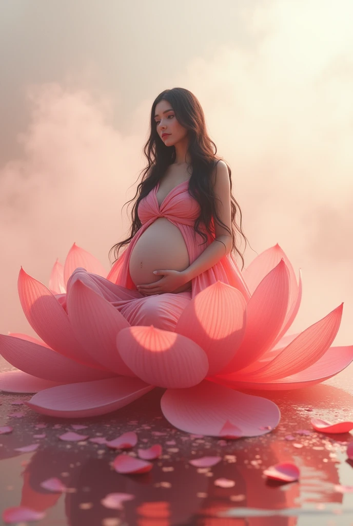 full length, black hair pregnant , Beautiful face, dress made of red rose petals, Light pink and light white tones, Esbian Full Body, beautiful backgrouond , daylight, Efeito de Luz, Minimalistic, Solar, pure tenderness, soft lighting, Realism. beautiful woman, on a super giant lotus with double and long petals (petals made of thin, soft transparent,streaming, fabrics, full background of flowing petals, floating flower, super flying petals, Smoke effect, Fog, some water reflaciton mixed with petals), lotus dress, ((ss-through)) full length.