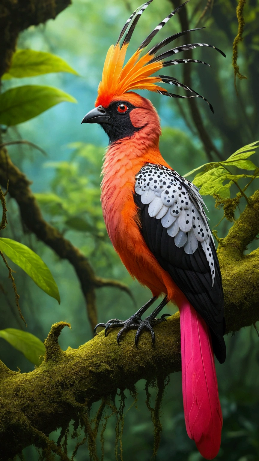 there is a big pink yellow bird, sitting on top of a A bird with bright red plumage and black accents, including black shapes on the chest, perches on a twisted, moss-covered branch in lush green surroundings. against a vibrant, colorful background perched on a branch, with bright blue feathers on its head and neck, an orange eye, and a body adorned with gray polka dot feathers. , emphasizing the bird's striking appearance.", with tail, rare bird in the jungle, long tail, very beautiful and elegant, beautiful and elegant, long and elegant tail, captured on canon eos r 6, long tail with horns, beautiful and graceful, long tails, by Sudip Roy, mischievous look, high quality nature photography