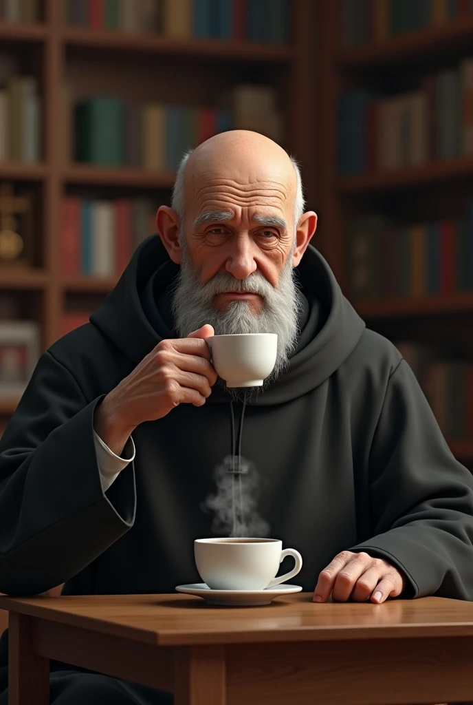 creates an image of an old Jesuit with a little baldness, Without beard, drinking colombian coffee