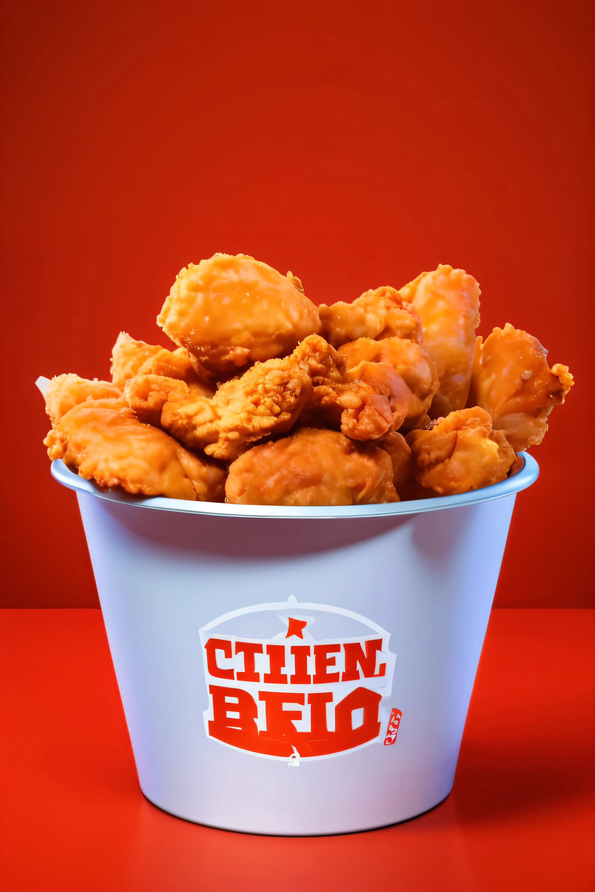 Create a promotional image for a fried chicken combo in a paper bucket. The image should be vibrant and eye-catching, featuring a paper bucket full of crispy fried chicken pieces with fries. Include drinks next to the bucket, showing that the combo includes beverages. The price should be prominently displayed in bold, large font, using warm colors like orange or red to create contrast with the background. Add fun and modern visual details, such as stars or food icons around the bucket, evoking a sense of flavor and excitement. The design should be clear and easy to understand, with a strong emphasis on the irresistible offer