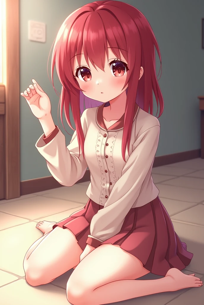 soft red hair cute anime girl and burgundy eyes sitting on the floor and showing his foot to the screen