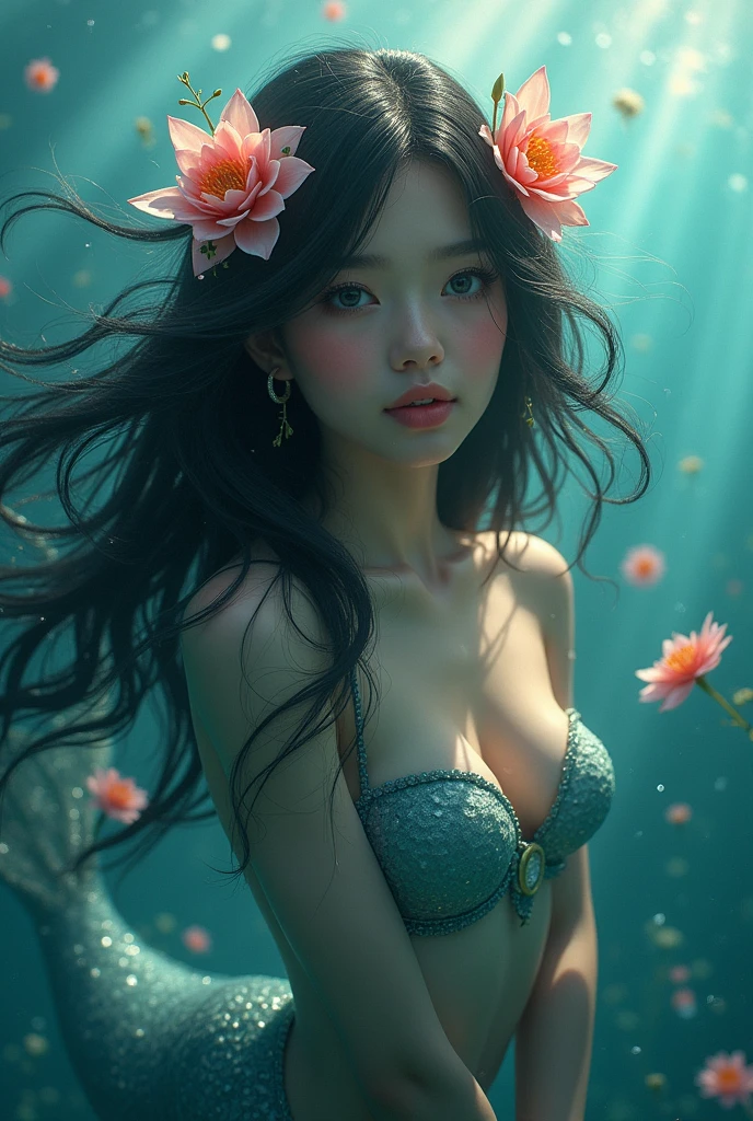 mermaid, black hair adorned with flowers, swimming in the seas, looking at the camera