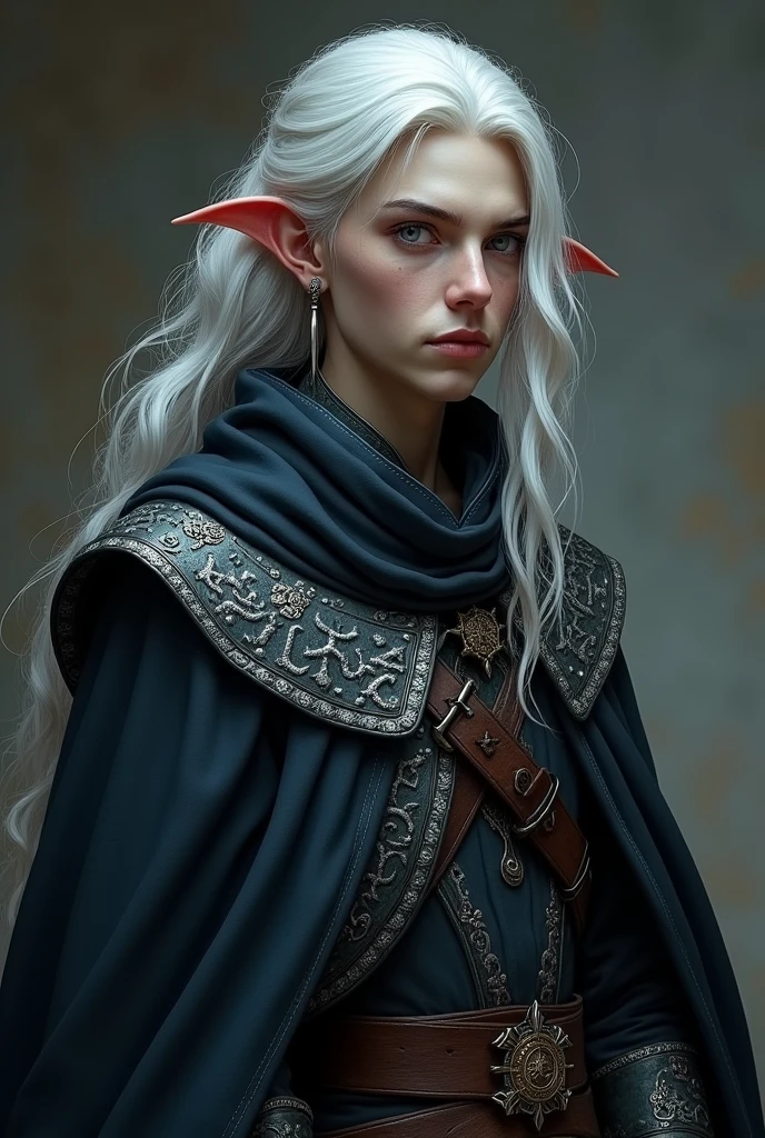 name: Arsenio GrayRaça: Half-elf Class: AlchemistIdade: 150 years (looks like he&#39;s 30)Appearance: Arsenio has pale skin and gray eyes., that seem to reflect the metal of their creations. Her hair is long and silver, falling in a cascade over the shoulders. He wears a cloak of dark fabric, with alchemical runes embroidered in silver.Personalidade: Arsenio is a mysterious character, reserved and extremely intelligent. He has a deep interest in the secrets of alchemy, especially in the creation