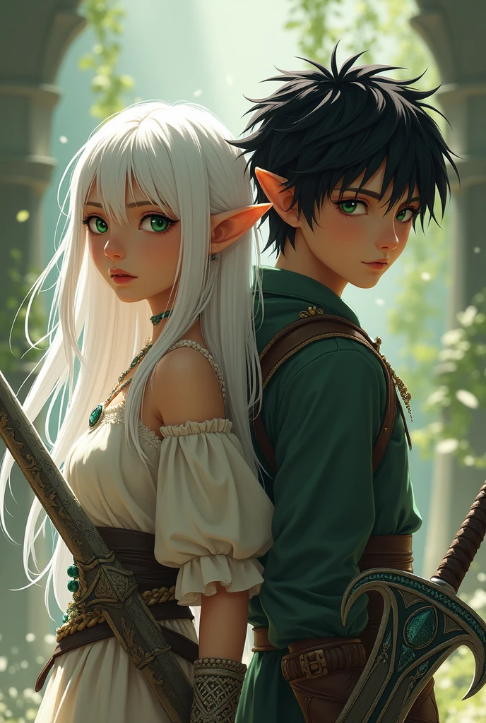 Imagine a girl with long white hair, with green eyes, elf ears and wearing a white necklace holding a sword and a boy with black hair at neck length straight and kind of spiky, your eyes are black, he is wearing a green necklace and he also has a sword in his hand they are back to back 