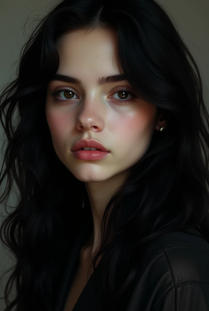 , brunette , long wavy black hair, black eyes,