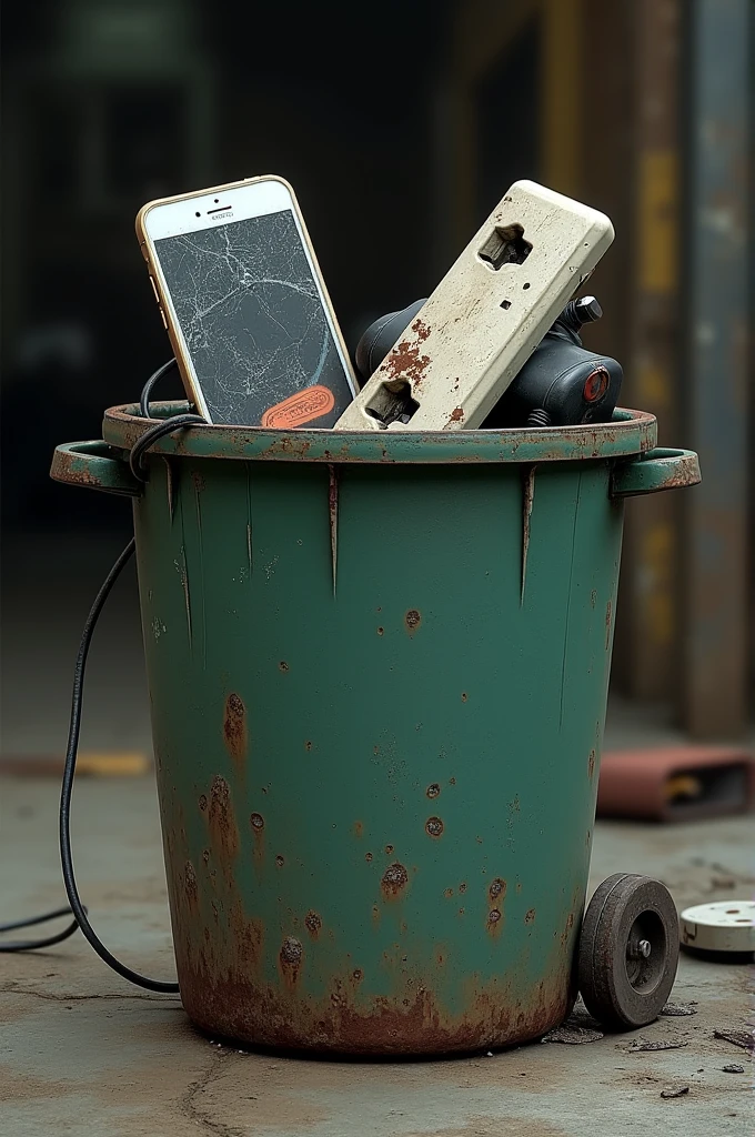 Trash can with a broken cell phone and two plug adapters and a broken power strip as realistic as possible 