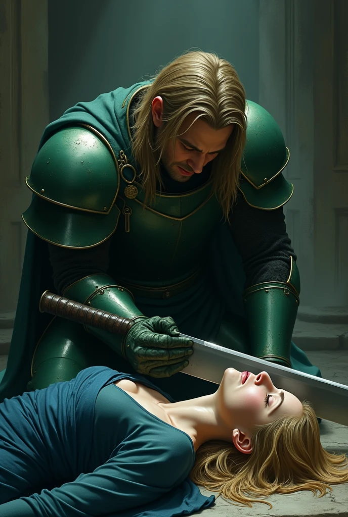 A light brown haired man in shining green armor, crying over the loss of her beloved man with blond hair and a dark blue bandage, with the killer of this man who is actually the father of the light brown haired man next to the body with a giant knife