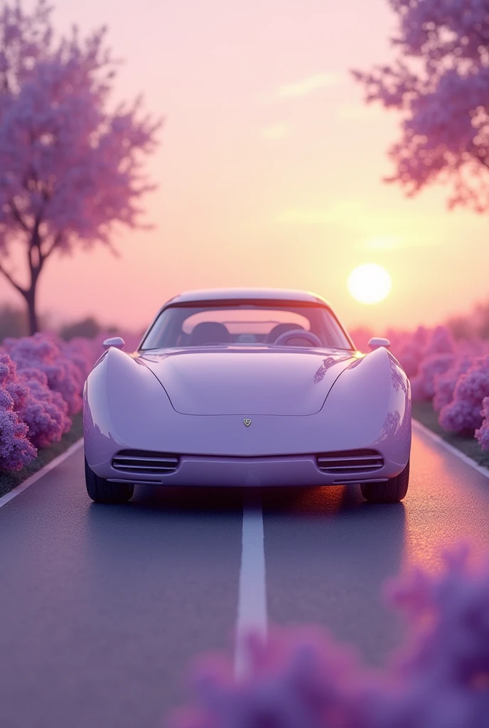 I want a picture of a modern car, elegant and stylish, painted in a soft and romantic lilac tone. The car should have curved lines and delicate details that reflect elegance and beauty., similar to the features of a person with a beautiful body. The scene could be set in a romantic setting, like a sunset on a road with lilac flowers around, to accentuate the romantic feeling. besides, A small detail could be a silhouette or symbol that represents help and support., like a bow or a hand extended over the hood