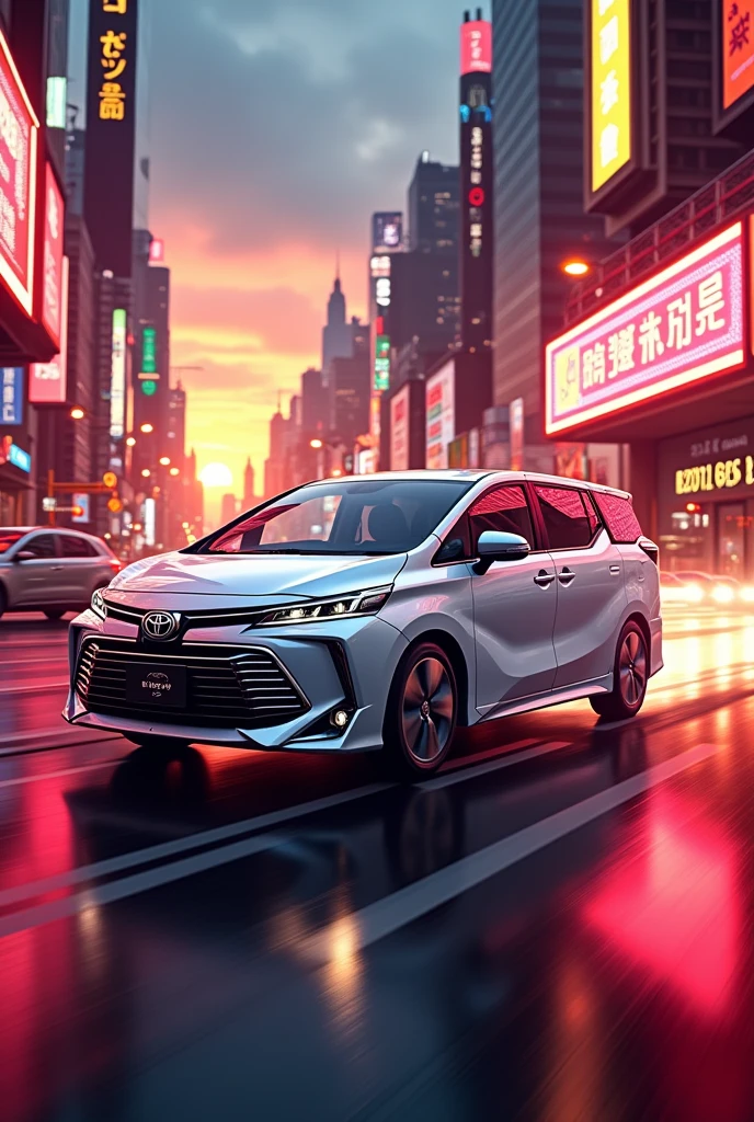 White metallic color toyota vellfire in busy neon red yellow neon city in the sunset