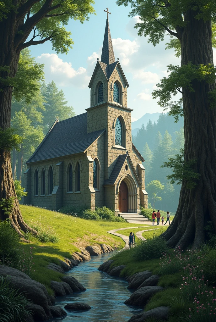 Picturesque church with a mysterious aura carrying a nostalgic air that is located in the wooded countryside where families arrive