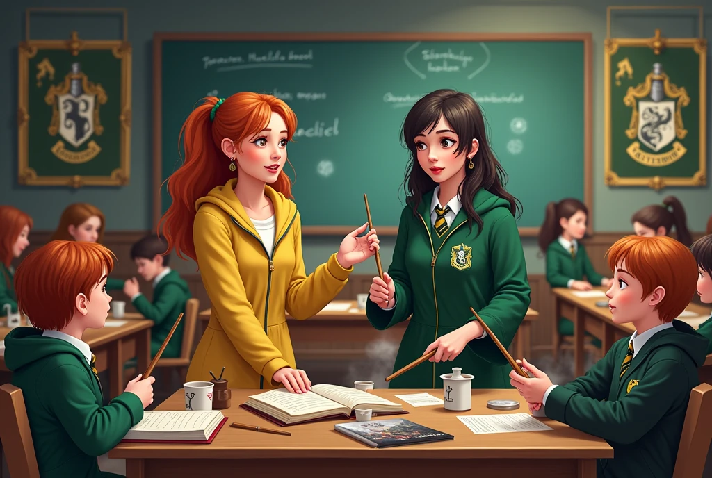 horizontal image of a female Hufflepuff teacher and a female Slytherin teacher and students. in a fun Harry Potter class
