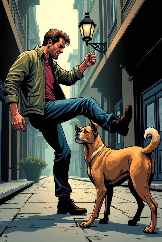 as if it were in a comic strip a person was going to kick a dog and the dog was very sad 
