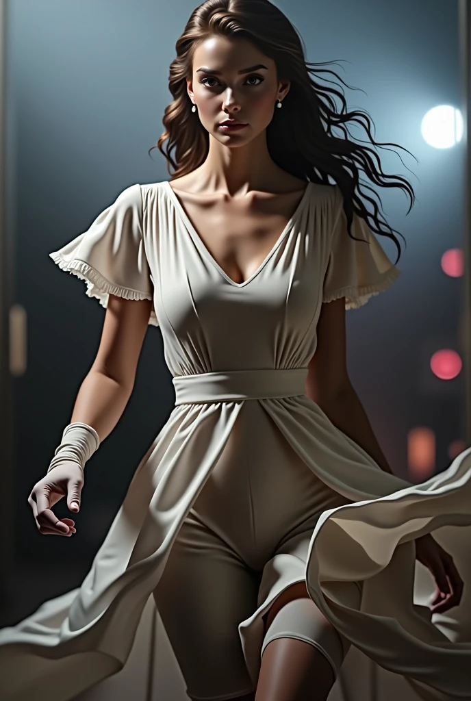 portrait shot, beautiful young woman in transparent western tunic dress, eyes visible through hair, correct eye position, natural skin, backlight, cinematic light, rim light, soft light, hips, night time, city side background, detailed colour correction background, complex, high detail, octane rendering, HD, 8k, by Rolf Armstrong