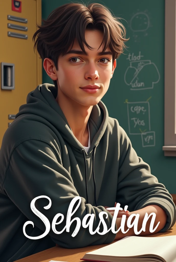 Create the phrase Sebastian in cursive letters with a school background with a male student with not so dark skin and straight hair posing