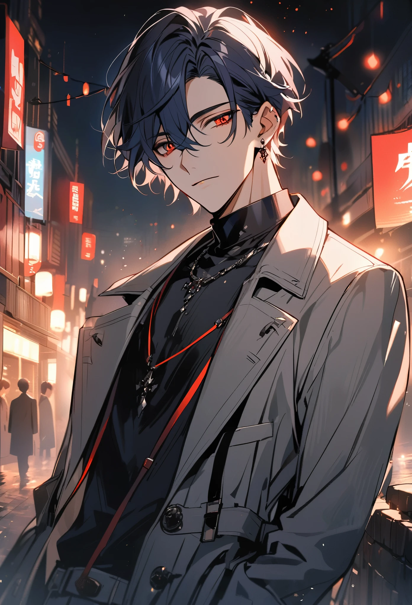 solo, handsome, 1 male, short hair, dark blue hair, red rings eyes, black shirt, grey coat, night