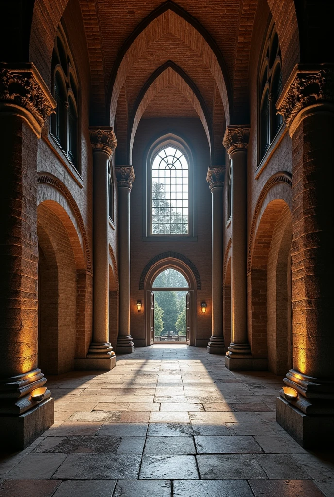 Romanesque style hotel lobby, with stone walls, ornate pillars, rounded arches, Vaults, with exposed bricks, solid and resistant walls, narrow doors and small windows, dark and luxurious interior.